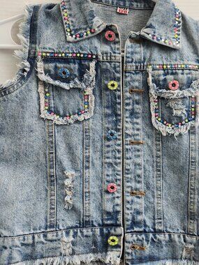 ETSY customized, distressed, light-washed denim vest, size 120 ( 6-7)